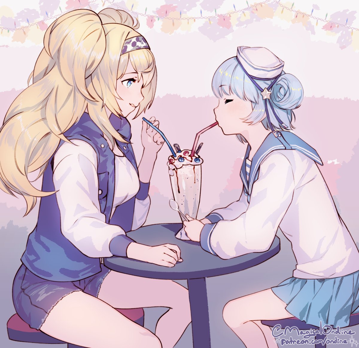 2girls blonde_hair blue_eyes cutoffs double_bun gambier_bay_(kantai_collection) hat jacket kantai_collection magical_ondine milkshake multiple_girls sailor_hat samuel_b._roberts_(kantai_collection) shared_food spoon tongue tongue_out watermark web_address yuri