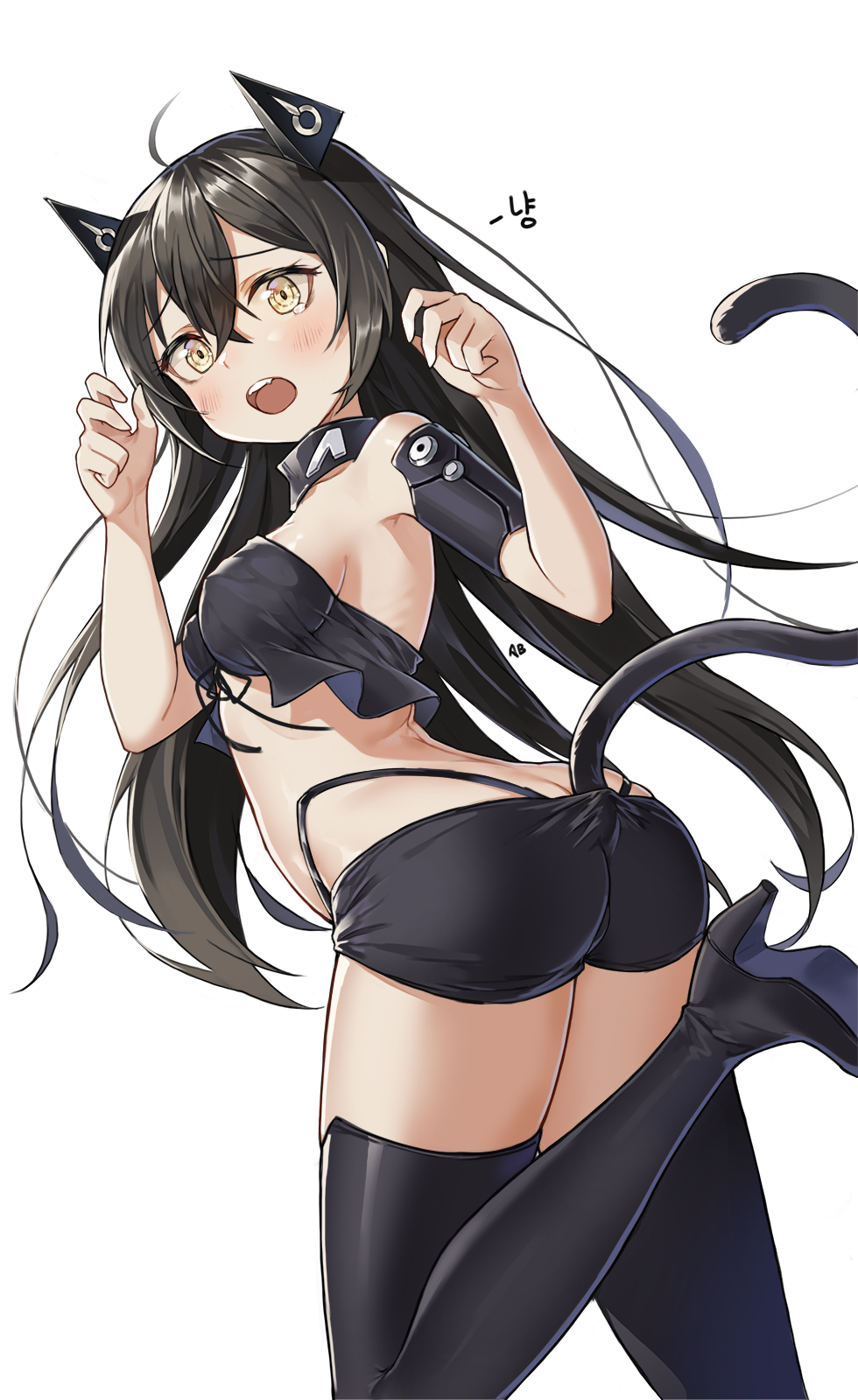 1girl aliceblue animal_ears ass bangs black_footwear black_hair black_shorts blush boots breasts butt_crack cat_ears cat_tail choker crop_top crop_top_overhang eyebrows_visible_through_hair girls_frontline hair_between_eyes hands_up headgear high_heel_boots high_heels highres judge_(girls_frontline) leg_up long_hair looking_at_viewer medium_breasts open_mouth sangvis_ferri short_shorts shorts sidelocks simple_background solo tail tearing_up thigh-highs thigh_boots thighs twintails white_background yellow_eyes