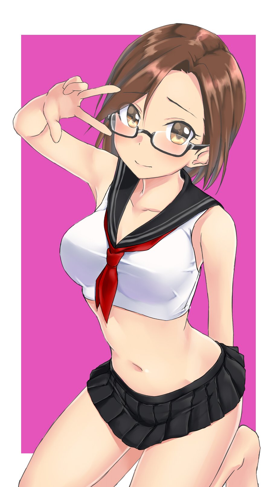 1girl aimobake armpits bangs bare_arms bare_shoulders barefoot black-framed_eyewear black_sailor_collar black_skirt breasts brown_eyes brown_hair closed_mouth collarbone commentary_request crop_top embarrassed glasses hand_up highres idolmaster idolmaster_cinderella_girls kneeling looking_at_viewer looking_over_eyewear medium_breasts midriff miniskirt mizuki_seira navel neckerchief parted_bangs pleated_skirt red_neckwear sailor_collar school_uniform semi-rimless_eyewear serafuku shirt short_hair skirt sleeveless sleeveless_shirt solo stomach thighs two-tone_background under-rim_eyewear w white_shirt