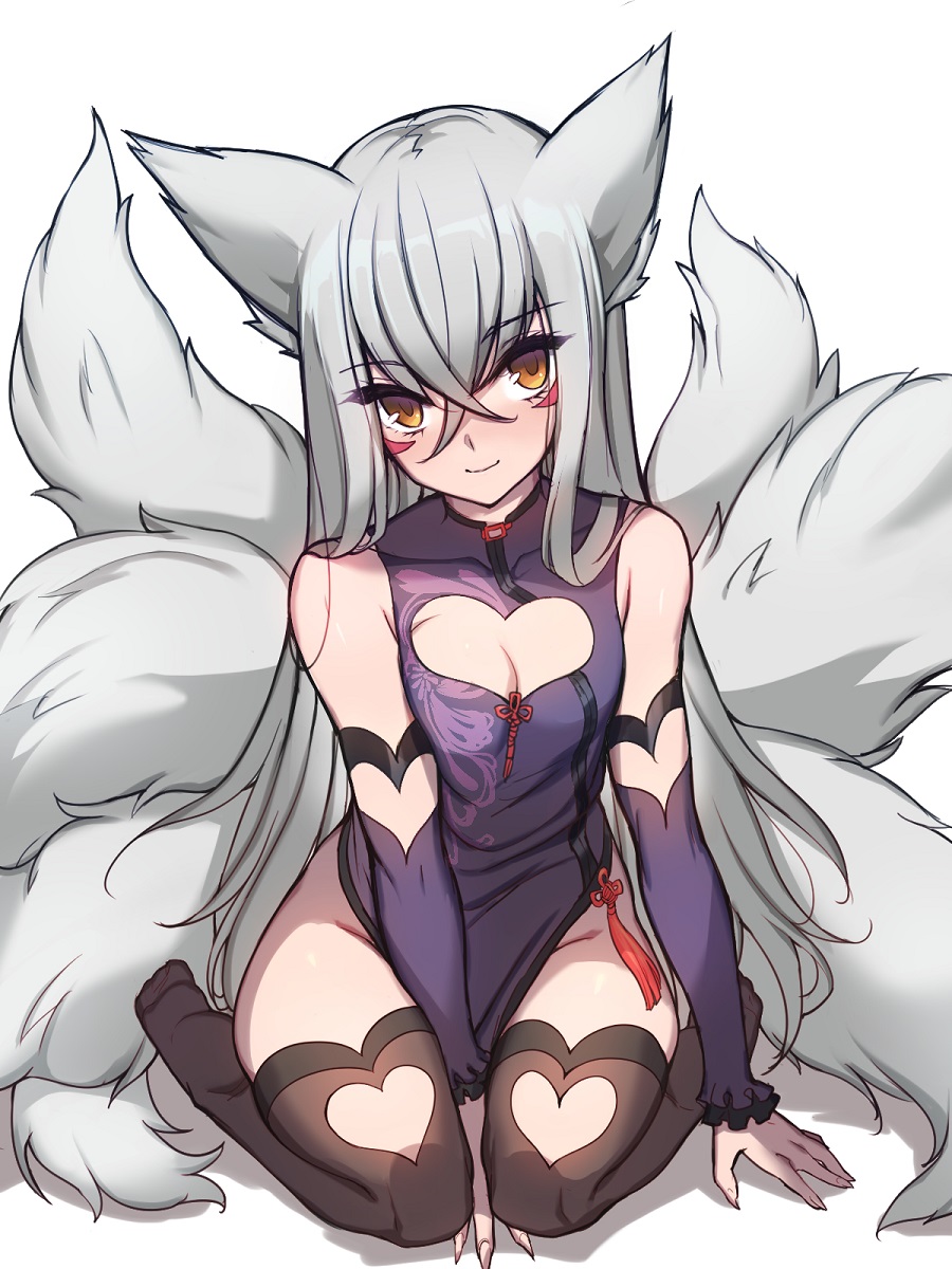 1girl animal_ears black_legwear breasts china_dress chinese_clothes cleavage cleavage_cutout detached_sleeves dress facial_mark fox_ears fox_tail groin hair_between_eyes heart highres k_jin looking_at_viewer multiple_tails original silver_hair sitting smile solo tail thigh-highs wariza yellow_eyes