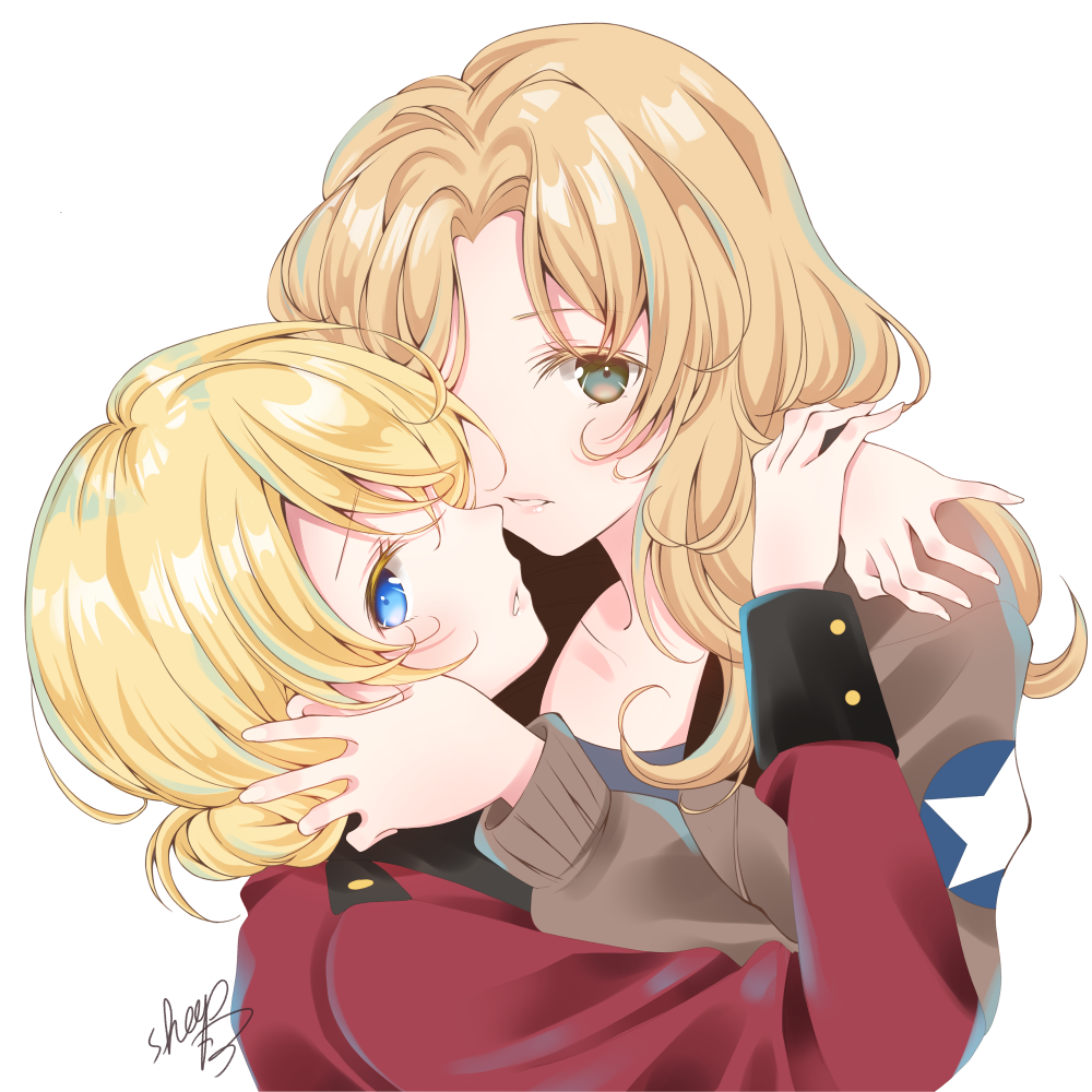 2girls bangs blonde_hair blue_eyes brown_jacket collarbone darjeeling eyebrows_visible_through_hair girls_und_panzer green_eyes grey_shirt hair_between_eyes hands_on_another's_face jacket kay_(girls_und_panzer) light_brown_hair long_hair long_sleeves looking_at_viewer multiple_girls open_clothes open_jacket parted_lips profile red_jacket saunders_military_uniform sheepd shirt signature simple_background st._gloriana's_military_uniform star upper_body white_background yuri