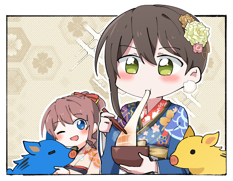 2girls ;d =_= alternate_hairstyle bang_dream! bangs beige_kimono black_border black_hair blue_eyes blue_kimono blue_ribbon blush boar border bow bowl brown_hair chinese_zodiac chopsticks eating floral_print flower green_eyes gyaheung hair_bow hair_flower hair_ornament hair_up hanazono_tae holding holding_bowl japanese_clothes kimono multiple_girls new_year obi one_eye_closed open_mouth outline pom_pom_earrings ponytail red_bow ribbon sash smile solid_circle_eyes sparkle upper_body white_outline yamabuki_saaya year_of_the_pig zouni_soup