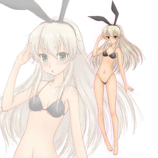 1girl animal_ears barefoot bikini black_bikini black_hairband blonde_hair breasts chindefu collarbone commentary_request full_body green_eyes hairband highleg highleg_bikini highleg_swimsuit kantai_collection long_hair looking_at_viewer navel rabbit_ears salute shimakaze_(kantai_collection) simple_background small_breasts solo standing swimsuit white_background zoom_layer