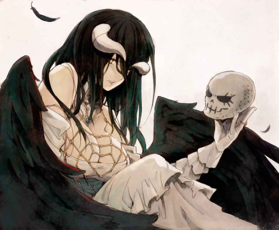 1girl albedo black_feathers black_hair black_wings breasts cleavage demon_girl demon_horns demon_wings detached_collar dress feathered_wings feathers gloves hair_between_eyes holding_skull horns jewelry large_breasts long_hair low_wings overlord_(maruyama) ring user_xgpy8228 white_dress white_gloves wings yellow_eyes