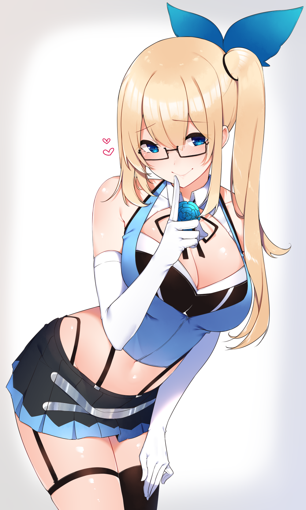 1girl arm_up asymmetrical_legwear bangs bare_shoulders black_legwear blonde_hair blue_bow blue_eyes blue_flower blunt_bangs bow breasts character_request cleavage closed_mouth copyright_request eyebrows_visible_through_hair finger_to_mouth flower glasses gloves hair_ornament heart highres hime_cut leaning_forward long_hair looking_at_viewer medium_breasts navel pleated_skirt rose shiny shiny_hair shiny_skin shirt shushing side_ponytail simple_background skirt sleeveless sleeveless_shirt solo straight_hair thigh-highs white_gloves yukichi_(sukiyaki39)
