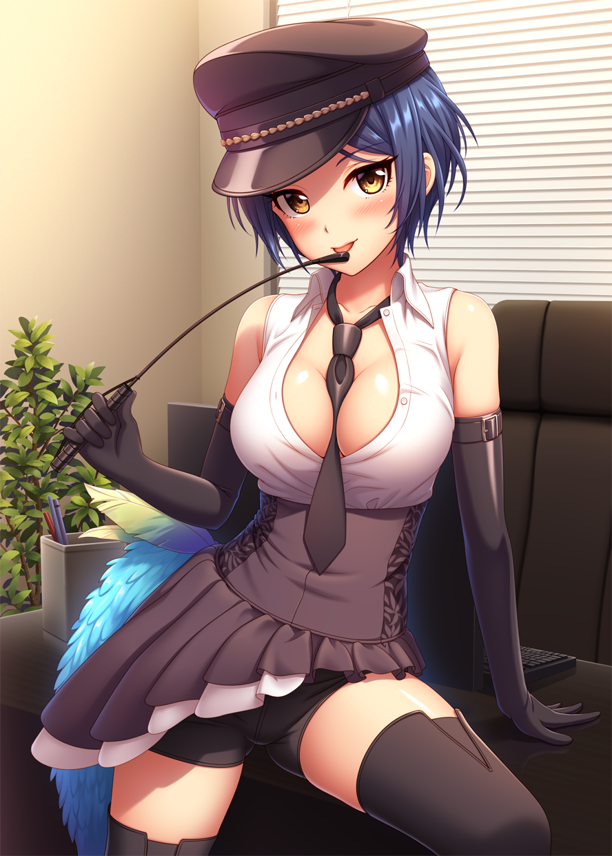 1girl :p between_breasts bike_shorts black_gloves black_hair black_legwear blush boots breasts cleavage corset couch elbow_gloves gloves hat hayami_kanade highres idolmaster idolmaster_cinderella_girls looking_at_viewer medium_breasts nazu-na necktie necktie_between_breasts plant potted_plant riding_crop short_hair skirt smile solo thigh-highs thigh_boots tongue tongue_out yellow_eyes