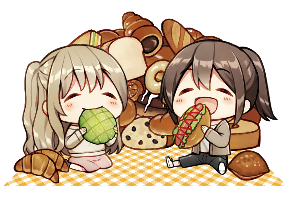 2girls :d baguette bangs black_pants blush_stickers bread brown_hair brown_jacket brown_shirt chibi chocolate_cornet closed_eyes closed_mouth commentary_request eating eyebrows_visible_through_hair food hair_between_eyes holding holding_food jacket kurata_rine light_brown_hair loaf_of_bread long_sleeves melon_bread multiple_girls open_clothes open_jacket open_mouth original pants plaid ponytail shirt shoe_soles shoes smile white_background white_footwear white_shirt