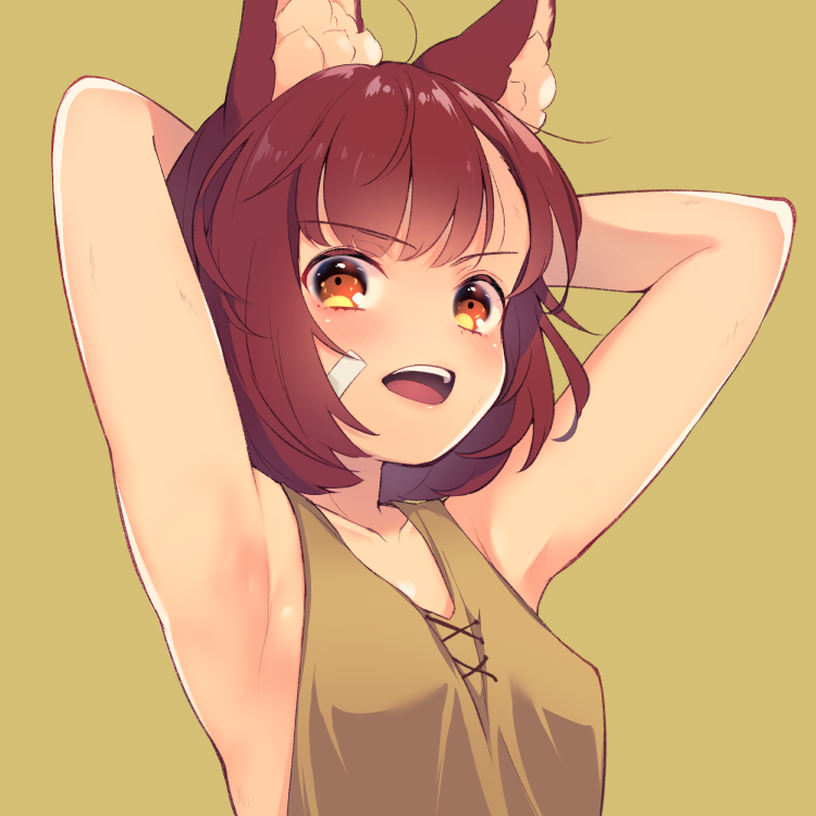 1girl :d animal_ear_fluff animal_ears armpits arms_behind_head arms_up bandaid bandaid_on_cheek bare_arms bare_shoulders breasts brown_background brown_shirt calm_mashiro collarbone covered_nipples hound_(sekaiju) open_mouth orange_eyes redhead sekaiju_no_meikyuu sekaiju_no_meikyuu_5 shirt short_hair simple_background sleeveless sleeveless_shirt small_breasts smile solo upper_body upper_teeth v-shaped_eyebrows