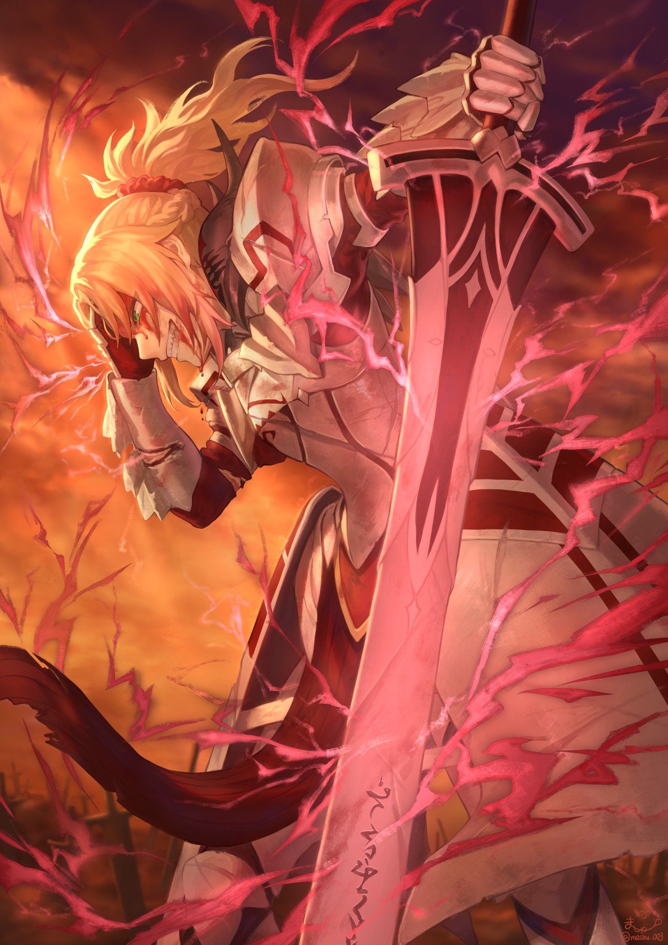 1girl armor blonde_hair blood blood_from_mouth blood_on_face braid clarent commentary damaged fate/apocrypha fate_(series) french_braid full_armor gauntlets green_eyes grin hair_ornament hair_scrunchie hand_on_own_head highres holding holding_sword holding_weapon lightning mashu_003 mordred_(fate) mordred_(fate)_(all) planted_sword planted_weapon ponytail red_scrunchie scrunchie smile solo sword weapon