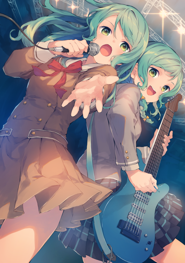 2girls :d :o aqua_hair aquariumtama back-to-back bang_dream! blazer blue_skirt bow brown_dress commentary_request cover cover_page double-breasted doujin_cover dress electric_guitar green_eyes grey_jacket guitar hair_between_eyes hair_bow hanasakigawa_school_uniform haneoka_school_uniform hikawa_hina hikawa_sayo holding holding_microphone instrument jacket long_hair long_sleeves looking_at_viewer microphone miniskirt multiple_girls music open_mouth outstretched_hand plaid plaid_skirt playing_instrument pleated_dress pleated_skirt plectrum red_neckwear sailor_dress scaffolding school_uniform short_hair siblings side_braids singing sisters skirt smile stage_lights twins yellow_bow