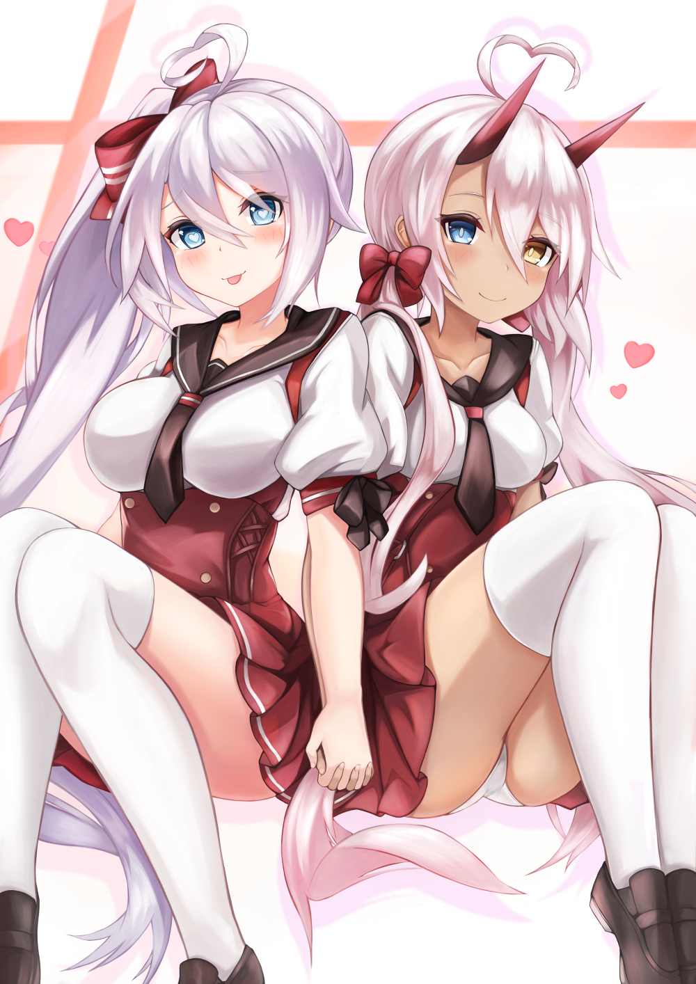 2girls ahoge azur_lane bangs black_footwear blue_eyes blush breasts cleavage closed_mouth collarbone dark_skin dress eyebrows_visible_through_hair hand_holding heart heart-shaped_pupils heart_ahoge heterochromia highres horns indianapolis_(azur_lane) large_breasts loafers long_hair looking_at_viewer medium_breasts multiple_girls necktie open_mouth panties pinafore_dress pink_hair pleated_dress portland_(azur_lane) red_dress ryara_vivi sailor_collar shirt shoes side_ponytail sidelocks sitting skirt smile symbol-shaped_pupils thigh-highs tongue tongue_out twintails underwear very_long_hair white_legwear white_panties white_shirt yellow_eyes