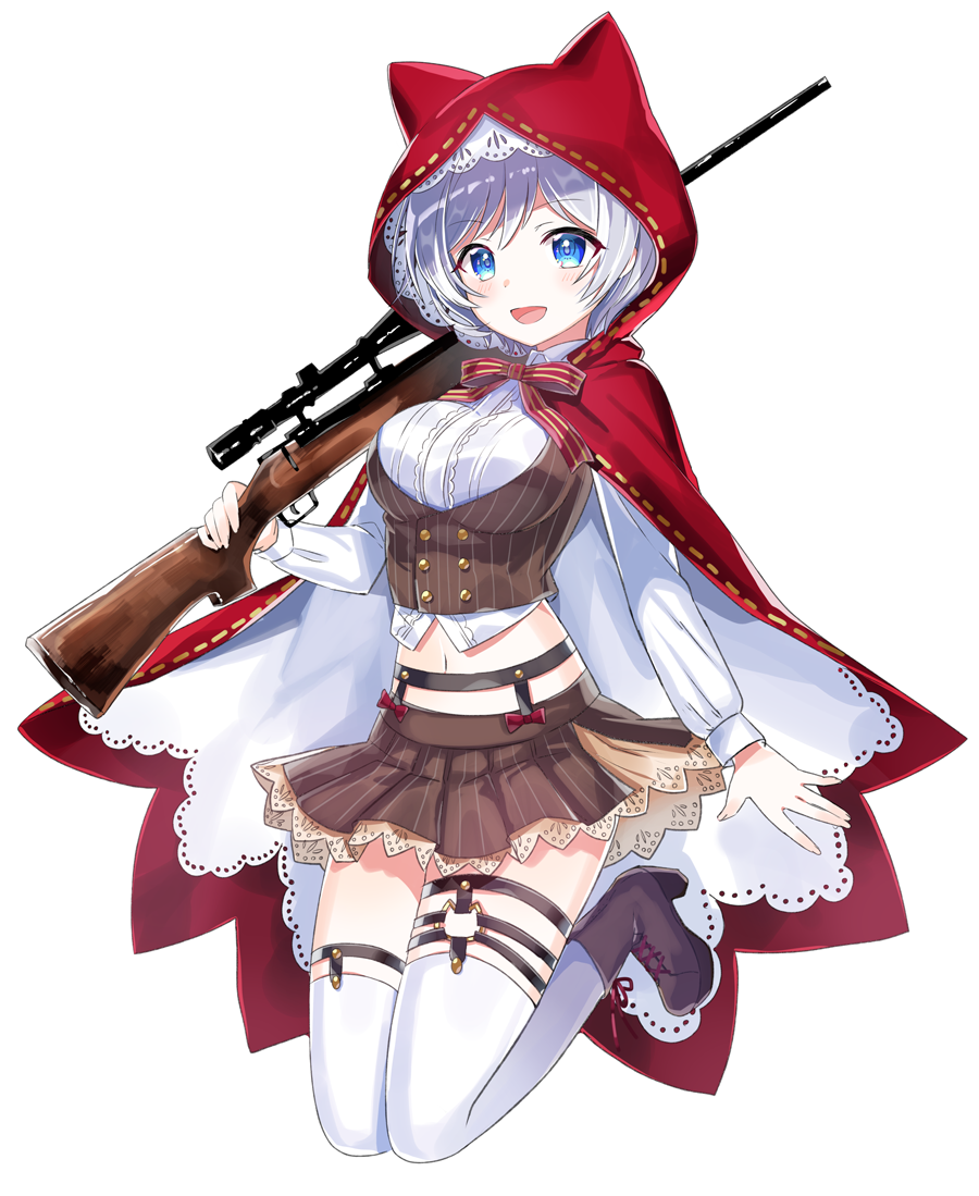 1girl :d alternate_costume animal_ears blue_eyes blush bolt_action boots breasts brown_footwear brown_skirt brown_vest buttons cloak collared_shirt commentary crop_top cropped_vest dennou_shoujo_youtuber_shiro double-breasted fake_animal_ears full_body garter_belt gun gun_request holding holding_gun holding_weapon hood hooded_cloak lace_trim legs_up long_sleeves looking_at_viewer medium_breasts midriff miniskirt motsunuki navel neck_ribbon open_mouth over_shoulder pleated_skirt red_neckwear ribbon rifle scope shiro_(dennou_shoujo_youtuber_shiro) shirt short_hair sidelocks silver_hair simple_background skirt smile sniper_rifle solo stomach striped striped_neckwear striped_skirt striped_vest thigh-highs vest virtual_youtuber weapon weapon_over_shoulder white_background white_legwear white_shirt zettai_ryouiki