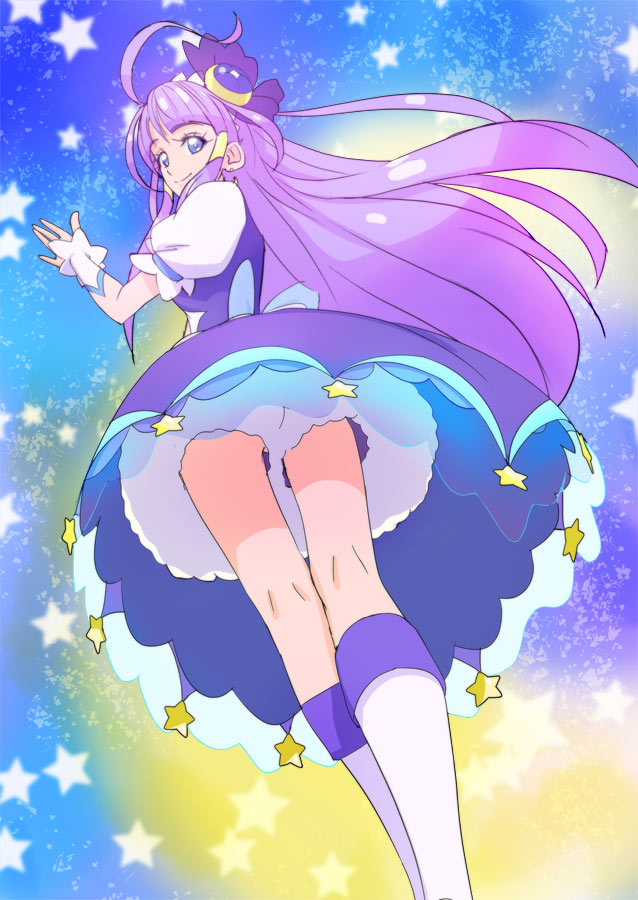 1girl ahoge blue_eyes boots closed_mouth cure_selene from_below haruyama_kazunori kaguya_madoka long_hair looking_at_viewer magical_girl precure puffy_short_sleeves puffy_sleeves purple_hair purple_skirt short_sleeves skirt smile solo standing star star_twinkle_precure starry_background white_footwear