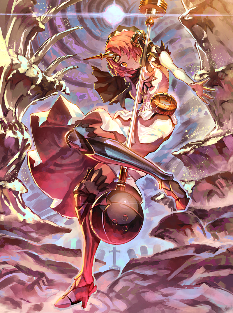 1girl armored_boots bare_shoulders between_legs boots breasts bridal_veil closed_mouth cross detached_sleeves dress fate/apocrypha fate_(series) frankenstein's_monster_(fate) full_body hair_over_one_eye high_heel_boots high_heels horn leg_up long_sleeves looking_at_viewer mace orange_eyes pink_hair shiimo short_hair sleeveless sleeveless_dress small_breasts solo tombstone veil weapon white_dress