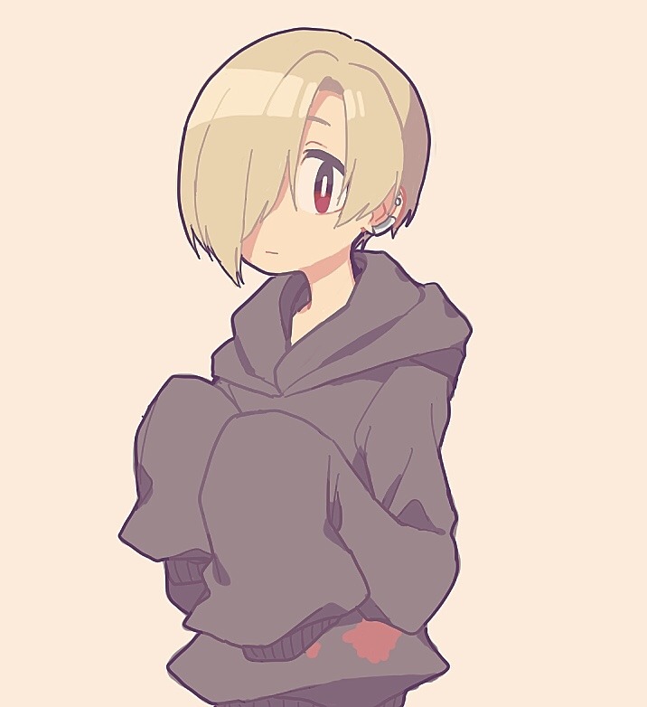 1girl arms_up blonde_hair blood blood_stain commentary_request ear_piercing earrings expressionless hair_over_one_eye hood hood_down hoodie idolmaster idolmaster_cinderella_girls jewelry looking_at_viewer naname_(fossama1) piercing red_eyes shirasaka_koume short_hair simple_background sleeves_past_fingers sleeves_past_wrists solo upper_body