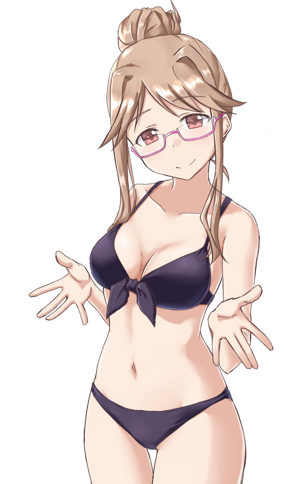 1girl aimobake bangs bare_arms bare_shoulders bikini black_bikini breasts brown_hair cleavage collarbone commentary_request cowboy_shot front-tie_bikini front-tie_top glasses hair_bun hair_intakes head_tilt highres idolmaster idolmaster_million_live! long_hair looking_at_viewer looking_over_eyewear medium_breasts navel pink-framed_eyewear red_eyes semi-rimless_eyewear sidelocks simple_background solo standing stomach swimsuit tenkuubashi_tomoka thigh_gap thighs under-rim_eyewear white_background