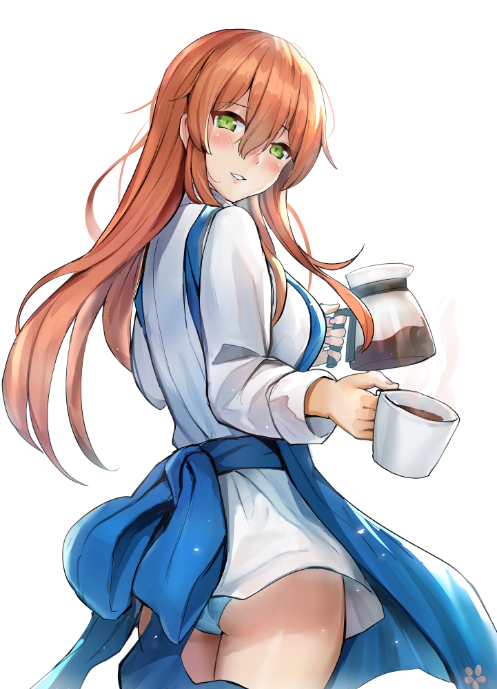 1girl apron ass bangs blue_apron blue_panties blush breasts brown_hair coffee coffee_cup coffee_pot cowboy_shot cup disposable_cup eyebrows_visible_through_hair girls_frontline giving green_eyes hair_between_eyes holding holding_cup long_hair long_sleeves looking_at_viewer looking_back m1903_springfield_(girls_frontline) medium_breasts panties pantyshot pantyshot_(standing) parted_lips qian_wu_atai shirt simple_background solo standing underwear white_background white_shirt