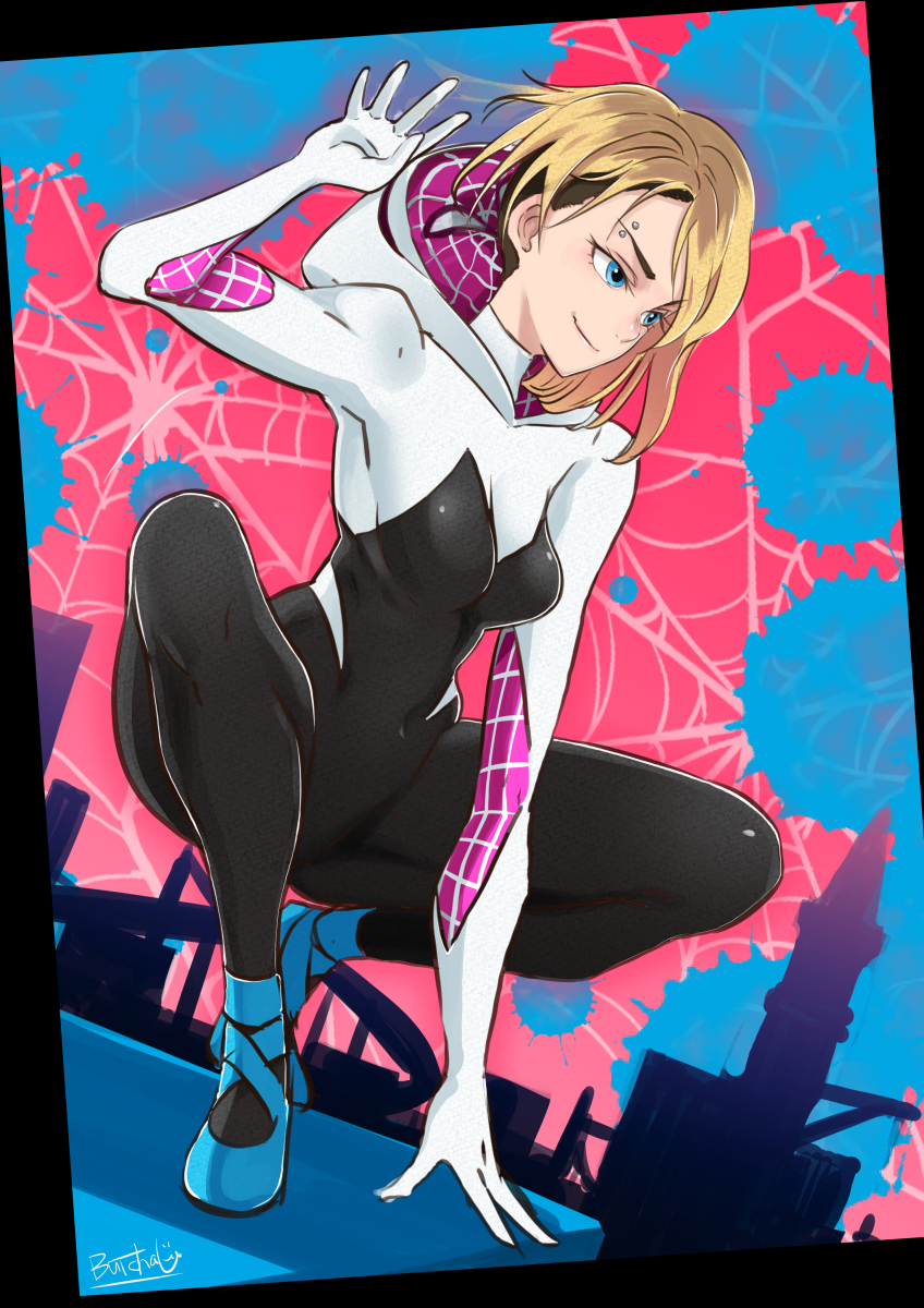 1girl artist_name ballet_slippers blonde_hair blue_eyes bodysuit butcha-u city commentary_request eyebrow_piercing gwen_stacy hand_on_hip highres hood hood_down marvel mask mask_removed piercing raised_eyebrows rooftop short_hair skin_tight smile solo spider-gwen spider-man:_into_the_spider-verse spider-man_(series) spider_web_background spider_web_print squatting superhero tiptoes