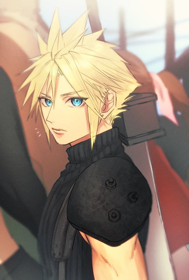 1boy 2girls aerith_gainsborough ah_yoshimizu armor black_hair black_sweater blonde_hair blue_eyes blurry bow brown_hair buster_sword cloud_strife commentary_request day depth_of_field earrings final_fantasy final_fantasy_vii final_fantasy_vii_remake hair_bow jewelry long_hair looking_at_viewer male_focus multiple_girls notice_lines outdoors pauldrons pink_bow ponytail short_hair shoulder_armor single_pauldron sleeveless sleeveless_turtleneck solo_focus spiked_pauldrons spiky_hair stud_earrings suspenders sweater sword sword_on_back tifa_lockhart turtleneck upper_body weapon weapon_on_back