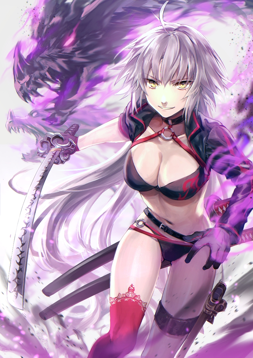 1girl ahoge bikini black_bikini black_choker black_gloves black_jacket choker commentary_request cropped_jacket dragon fate/grand_order fate_(series) gloves jacket jeanne_d'arc_(alter_swimsuit_berserker) jeanne_d'arc_(fate)_(all) katana long_hair o-ring o-ring_bikini o-ring_bottom o-ring_top oranggila12 purple_background red_legwear shrug_(clothing) single_thighhigh solo swimsuit sword thigh-highs thigh_strap weapon white_hair yellow_eyes