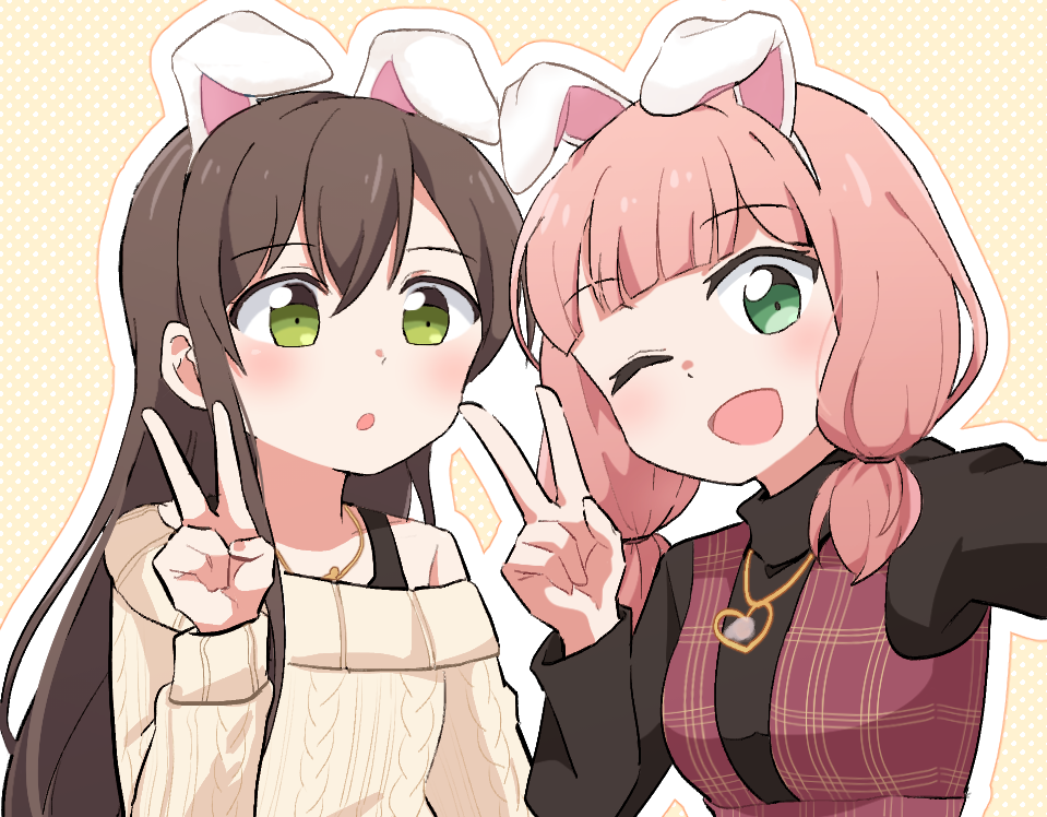 2girls :o ;d animal_ears bang_dream! bangs black_hair black_shirt blunt_bangs blush dress fake_animal_ears green_eyes gyaheung hair_tie hanazono_tae heart heart_necklace long_sleeves looking_at_another looking_at_viewer low_twintails multiple_girls one_eye_closed open_mouth outline pinafore_dress pink_hair plaid plaid_dress polka_dot polka_dot_background rabbit_ears red_dress self_shot shirt smile sweater twintails uehara_himari upper_body v white_outline yellow_background yellow_sweater