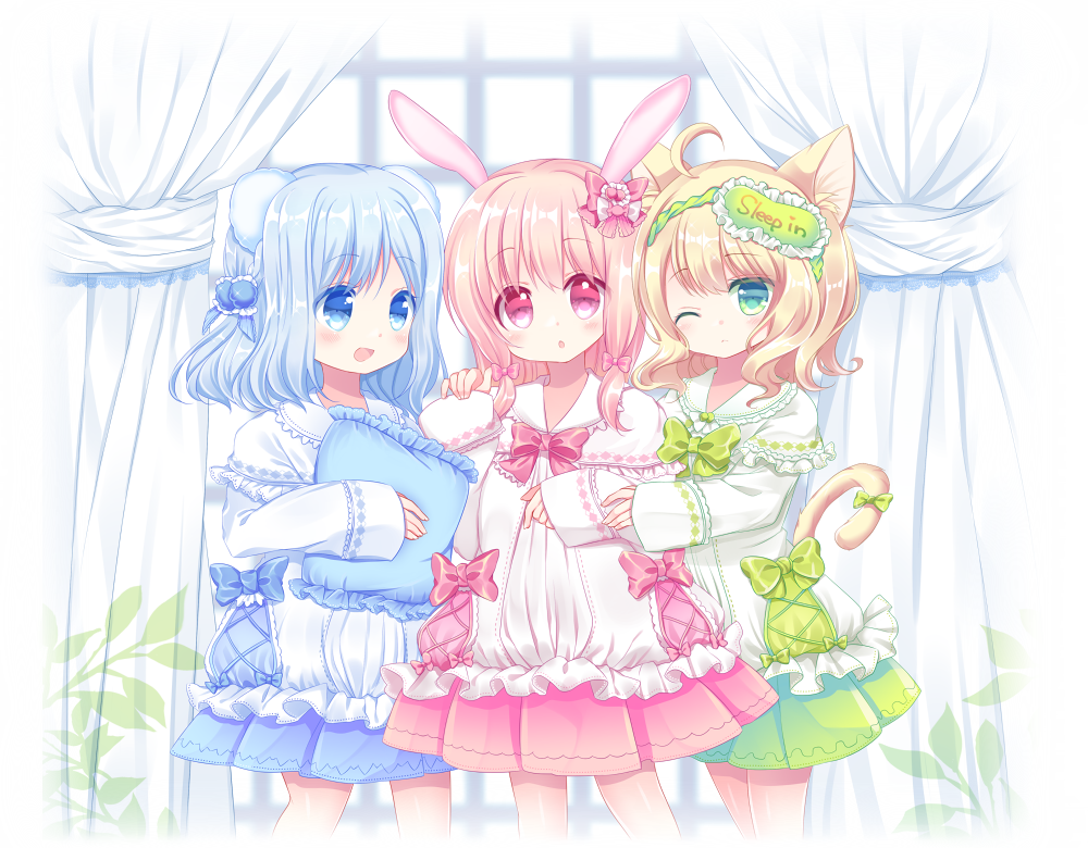 3girls :d :o animal_ears bangs bear_ears blue_eyes blue_hair blurry blurry_background blush bow cat_ears cat_girl cat_tail commentary_request curtains depth_of_field dress eyebrows_visible_through_hair frilled_pillow frills green_bow green_eyes hair_between_eyes hair_bow hair_ornament hand_up light_brown_hair long_sleeves mask mask_on_head multiple_girls one_eye_closed open_mouth original pajamas parted_lips pillow pinching pink_hair pleated_dress rabbit_ears red_bow shikito sleep_mask sleeves_past_wrists smile standing tail tail_bow tail_raised white_dress window