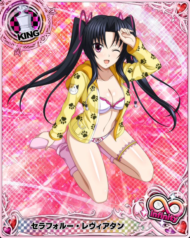 1girl ;d black_hair bra breasts card_(medium) character_name chess_piece cleavage hair_ribbon high_school_dxd high_school_dxd_infinity jacket king_(chess) large_breasts long_hair looking_at_viewer navel no_pants official_art one_eye_closed open_clothes open_mouth panties paw_print pink_eyes pink_legwear ribbon serafall_leviathan smile socks solo trading_card twintails underwear very_long_hair white_bra white_panties