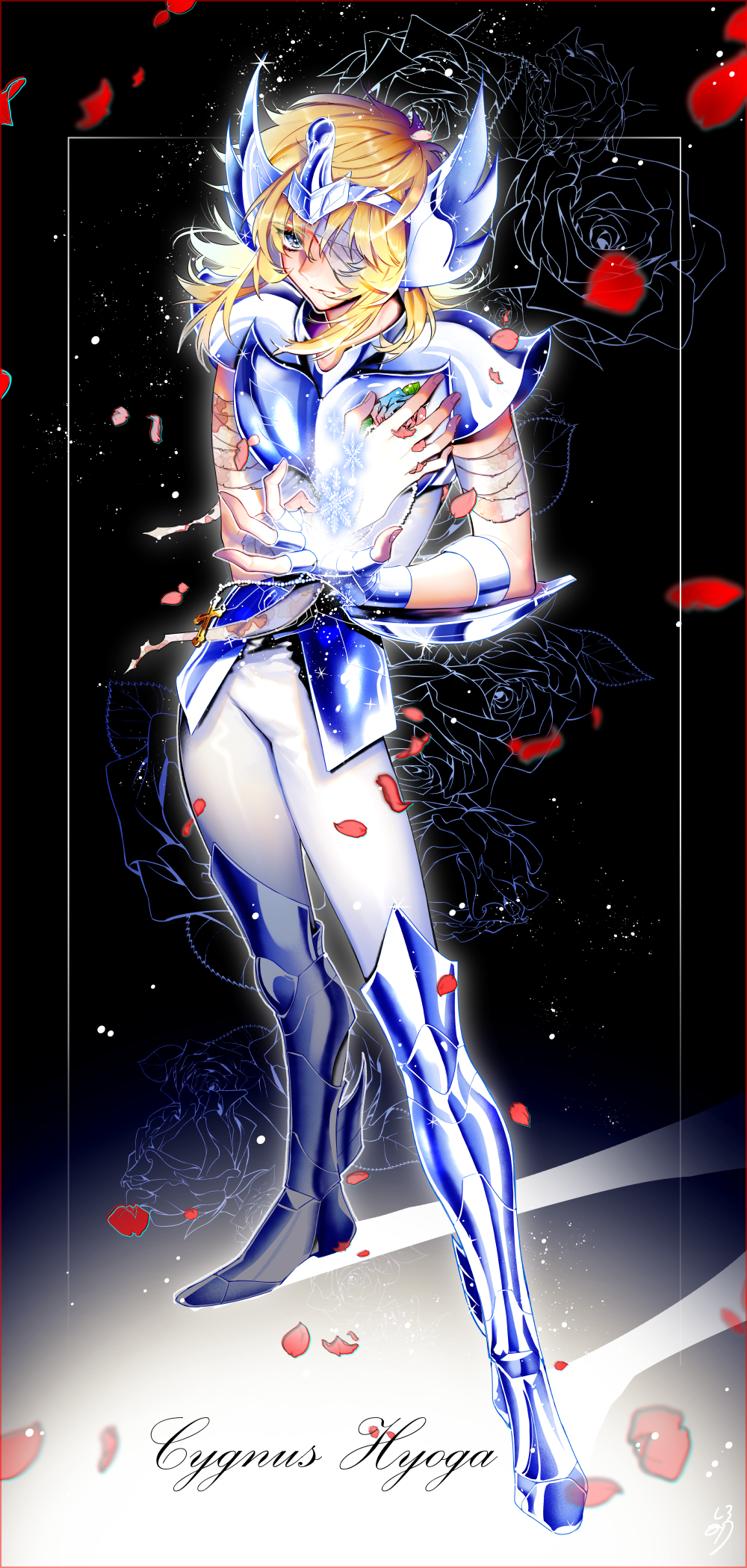 1boy armored_boots blonde_hair blue_footwear boots character_name cygnus_hyoga fingerless_gloves floating_hair gloves headpiece highres long_hair male_focus outstretched_hand pants petals rose_petals saint_seiya shiromitsu_daiya shoulder_armor solo spaulders thigh-highs thigh_boots white_gloves white_pants