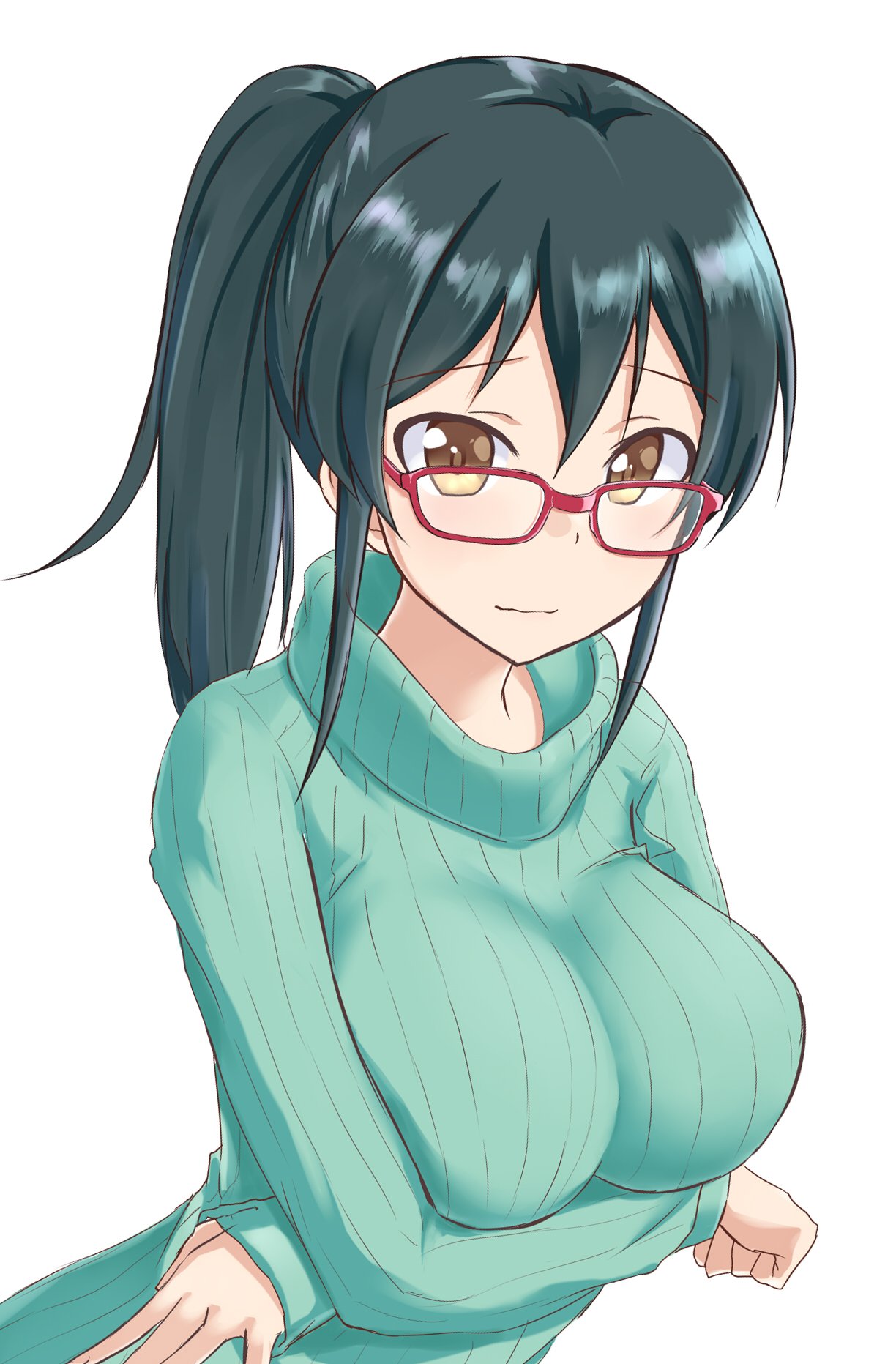 1girl aimobake arched_back arms_under_breasts breasts brown_eyes closed_mouth commentary_request glasses green_hair green_sweater highres idolmaster idolmaster_cinderella_girls large_breasts long_hair long_sleeves looking_at_viewer looking_over_eyewear ooishi_izumi ponytail red-framed_eyewear ribbed_sweater sidelocks simple_background smile solo sweater upper_body white_background