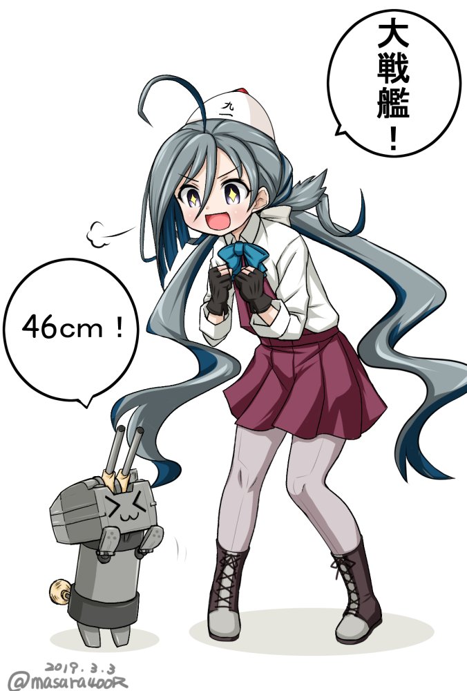 1girl 1other ahoge black_gloves boots bow bowtie commentary_request cross-laced_footwear dated full_body gloves grey_eyes grey_hair grey_legwear hair_between_eyes hair_bun halterneck hat kantai_collection kiyoshimo_(kantai_collection) lace-up_boots leaning_forward long_hair low_twintails masara_(masalucky2010) pantyhose partly_fingerless_gloves rensouhou-chan shirt simple_background translation_request twintails twitter_username very_long_hair white_background white_shirt