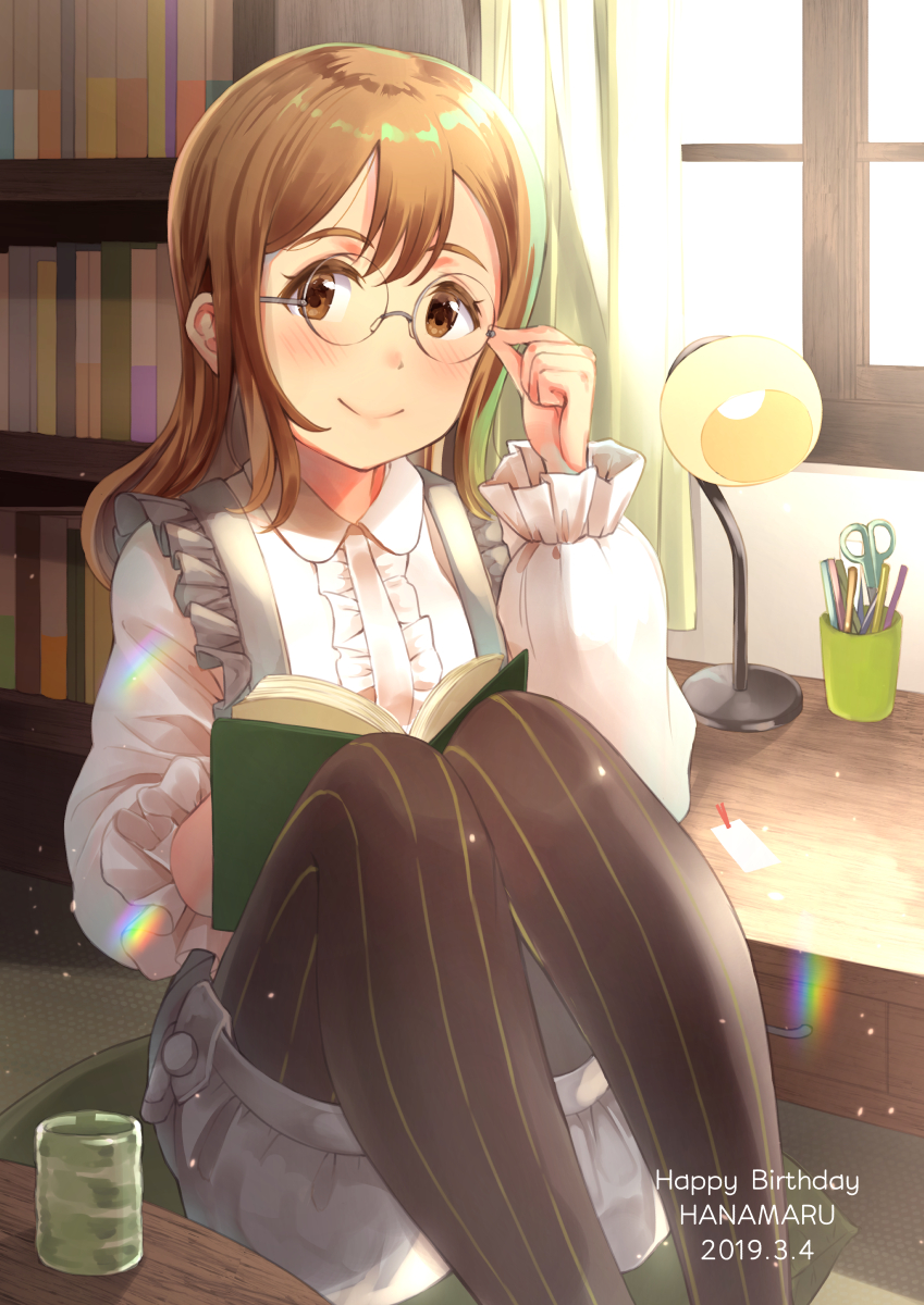 1girl 2019 adjusting_eyewear bangs birthday book bookshelf character_name commentary_request cowengium cup curtains dated desk_lamp english_text glasses happy_birthday highres holding holding_book indoors kunikida_hanamaru lamp lampshade light_brown_hair long_hair long_sleeves love_live! love_live!_sunshine!! on_lap pantyhose reading rimless_eyewear round_eyewear scissors shiny shiny_hair sidelocks sitting smile solo striped striped_legwear table vertical-striped_legwear vertical_stripes window yellow_eyes