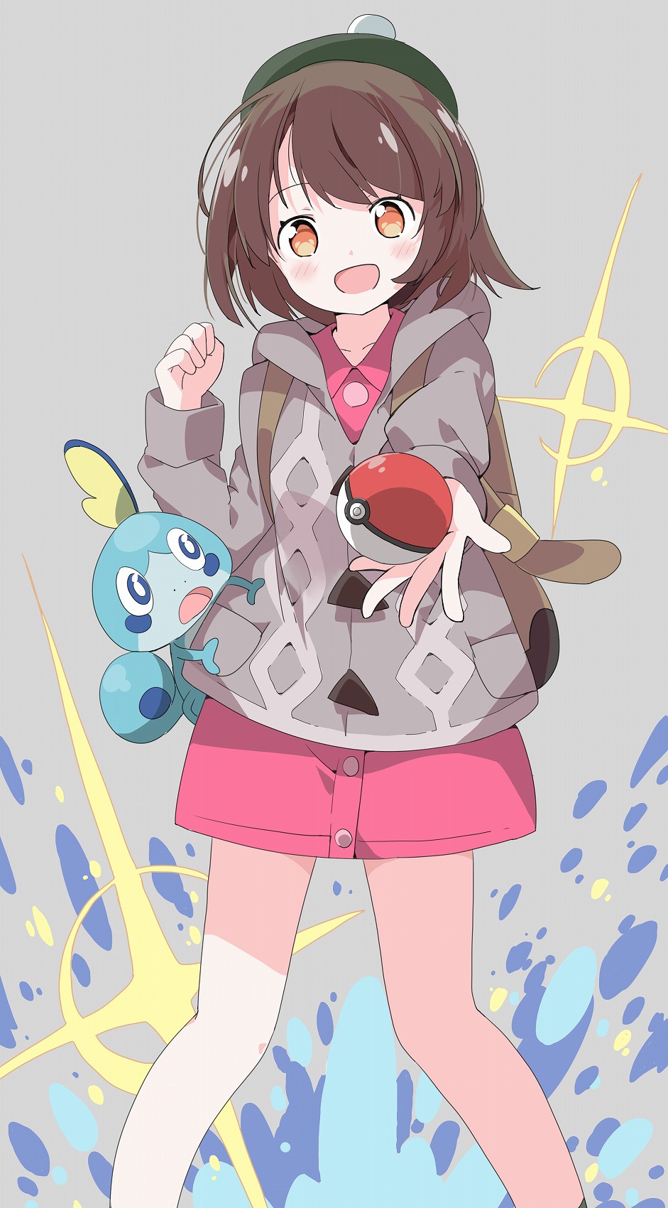 1girl :d backpack bag blush brown_hair collarbone collared_shirt commentary_request creatures_(company) female_protagonist_(pokemon_swsh) game_freak gen_8_pokemon green_hat grey_background grey_jacket hat highres hood hood_down hooded_jacket jacket long_sleeves nintendo open_mouth orange_eyes pink_shirt pink_skirt poke_ball poke_ball_(generic) pokemon pokemon_(creature) pokemon_(game) pokemon_swsh shirt skirt smile sobble tam_o'_shanter tantan_men_(dragon)