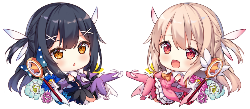 2girls :d alternate_hairstyle black_hair blue_flower blush boots brown_eyes chibi commentary detached_sleeves english_commentary fate/kaleid_liner_prisma_illya fate_(series) feathers flower gloves hair_feathers hair_ornament hitsukuya illyasviel_von_einzbern leotard light_brown_hair long_hair long_sleeves looking_at_viewer magical_ruby magical_sapphire miyu_edelfelt multiple_girls open_mouth parted_lips pink_footwear pink_legwear pink_shirt pink_sleeves pleated_skirt prisma_illya purple_flower purple_legwear purple_leotard purple_sleeves red_eyes shirt shoes simple_background skirt sleeveless sleeveless_shirt smile thigh-highs thigh_boots twintails very_long_hair wand white_background white_footwear white_gloves white_skirt x_hair_ornament