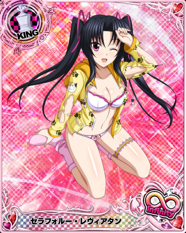 1girl ;d black_hair bra breasts card_(medium) character_name chess_piece cleavage hair_ribbon high_school_dxd high_school_dxd_infinity jacket king_(chess) large_breasts long_hair looking_at_viewer navel no_pants official_art one_eye_closed open_clothes open_mouth panties paw_print pink_eyes pink_legwear ribbon serafall_leviathan smile socks solo torn_clothes trading_card twintails underwear very_long_hair white_bra white_panties