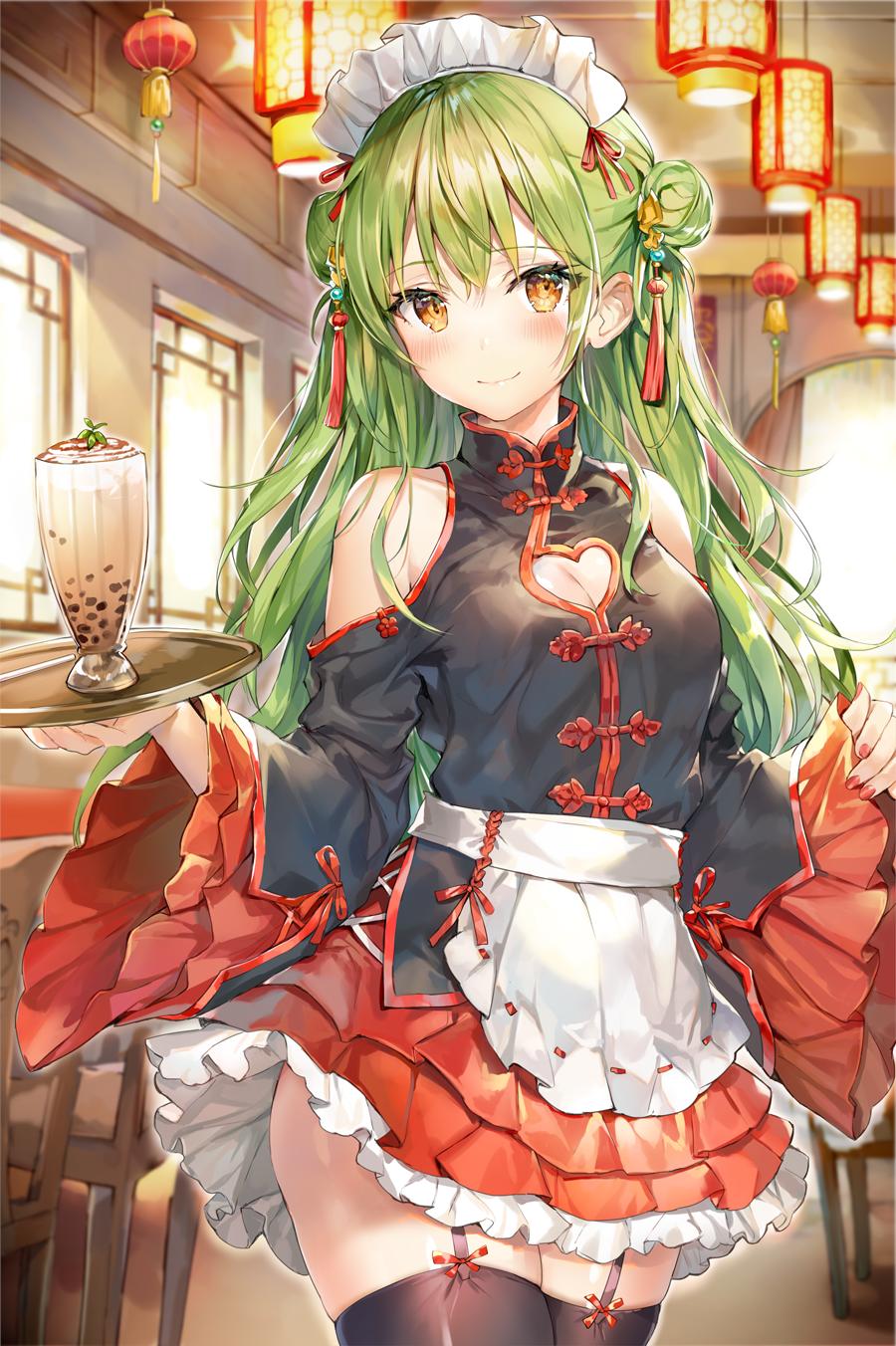 1girl apron bare_shoulders black_legwear black_shirt blurry blush breasts brown_eyes ceiling_light chair chinese_clothes cleavage cleavage_cutout closed_mouth commentary cowboy_shot cup day depth_of_field double_bun drink drinking_glass frilled_skirt frills garter_straps green_hair heart_cutout highres holding holding_tray indoors lantern layered_skirt long_hair long_sleeves looking_at_viewer maid_apron maid_headdress medium_breasts miniskirt momoko_(momopoco) nail_polish original paper_lantern pleated_sleeves red_nails red_skirt shirt shoulder_cutout sidelocks skirt smile solo standing tassel thigh-highs tray white_apron wide_sleeves window zettai_ryouiki