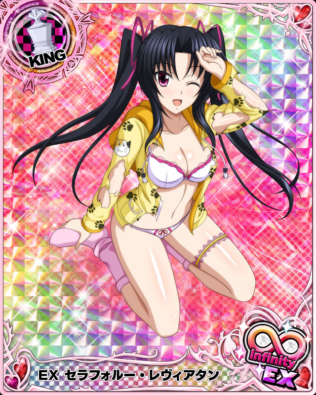 1girl ;d black_hair bra breasts card_(medium) character_name chess_piece cleavage hair_ribbon high_school_dxd high_school_dxd_infinity jacket king_(chess) large_breasts long_hair looking_at_viewer navel no_pants official_art one_eye_closed open_clothes open_mouth panties paw_print pink_eyes pink_legwear ribbon serafall_leviathan smile socks solo torn_clothes trading_card twintails underwear very_long_hair white_bra white_panties