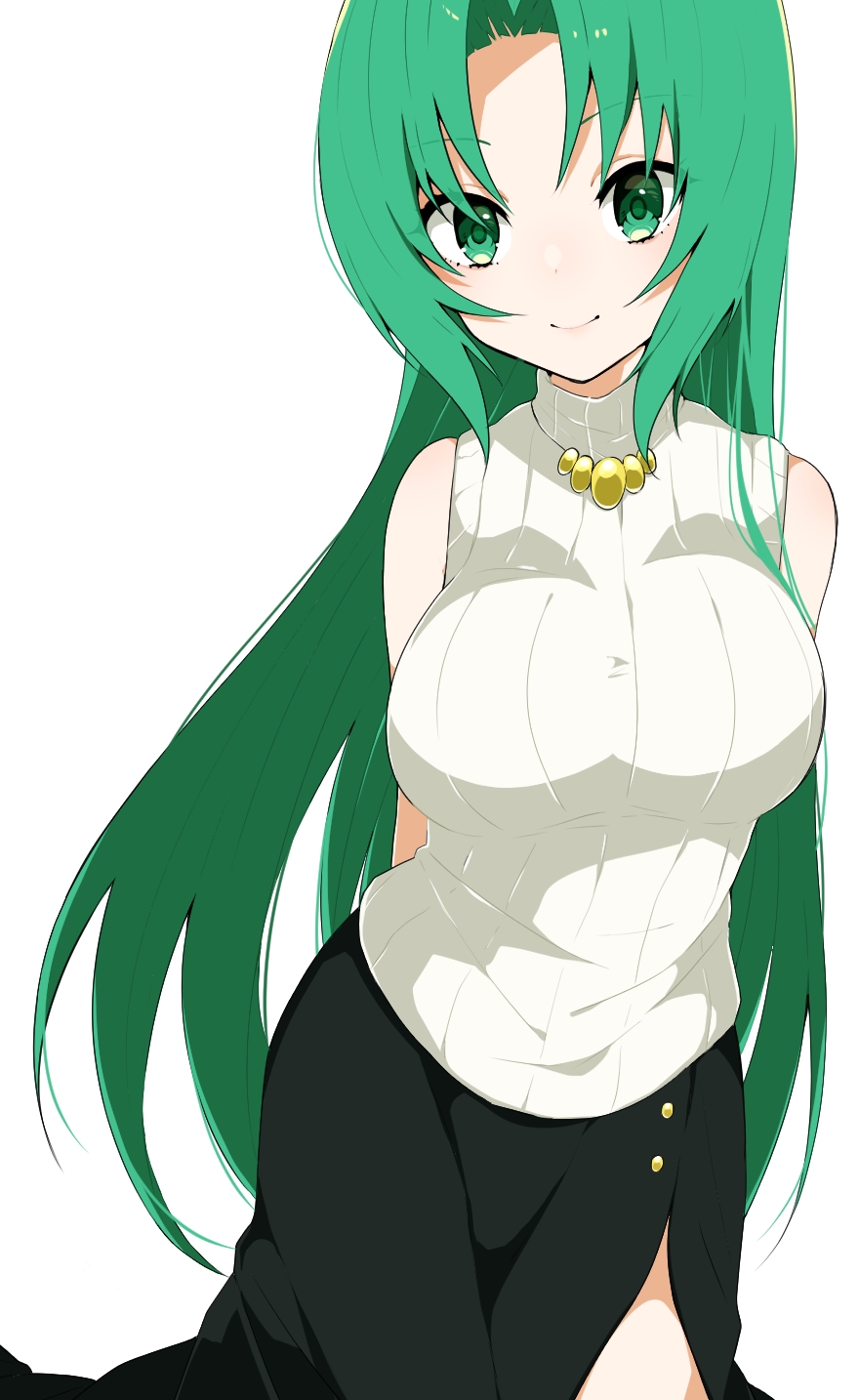 1girl arms_behind_back bangs bare_shoulders black_skirt breasts green_eyes green_hair highres higurashi_no_naku_koro_ni jewelry large_breasts long_hair long_skirt looking_at_viewer necklace parted_bangs ribbed_sweater side_slit simple_background skirt sleeveless sleeveless_sweater sleeveless_turtleneck smile solo sonozaki_shion sweater takae_(poupee_en_biscuit) turtleneck very_long_hair white_background white_sweater