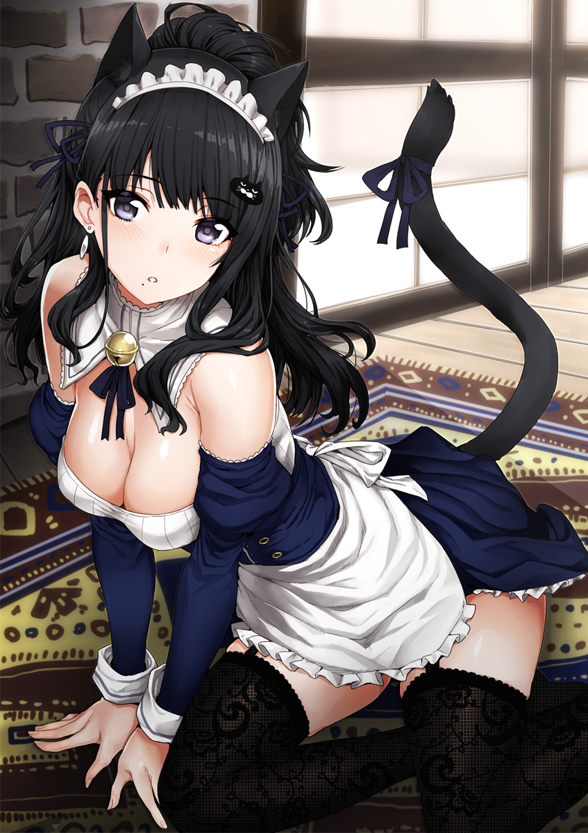 1girl alternate_costume angelo_(gomahangetsu) animal_ears apron bangs bare_shoulders bell black_hair black_legwear black_ribbon blue_dress blush breasts cat_ears cat_hair_ornament cat_tail cleavage dress earrings enmaided frills grey_eyes hair_ornament hair_ribbon highres idolmaster idolmaster_shiny_colors jewelry jingle_bell kazano_hiori long_hair looking_at_viewer maid maid_apron maid_headdress medium_breasts mole mole_under_mouth neck_ribbon open_mouth parted_lips ponytail ribbon solo swept_bangs tail thigh-highs thighs waist_apron wrist_cuffs