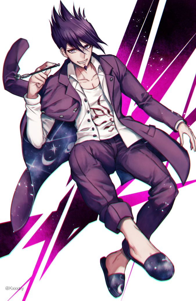 1boy beard blazer collarbone dangan_ronpa dress_shirt facial_hair full_body grin hair_between_eyes holding jacket long_sleeves looking_at_viewer momota_kaito new_dangan_ronpa_v3 open_blazer open_clothes open_jacket open_shirt pants purple_hair purple_jacket purple_pants sakuyu shirt slippers smile solo spiky_hair violet_eyes white_background white_shirt