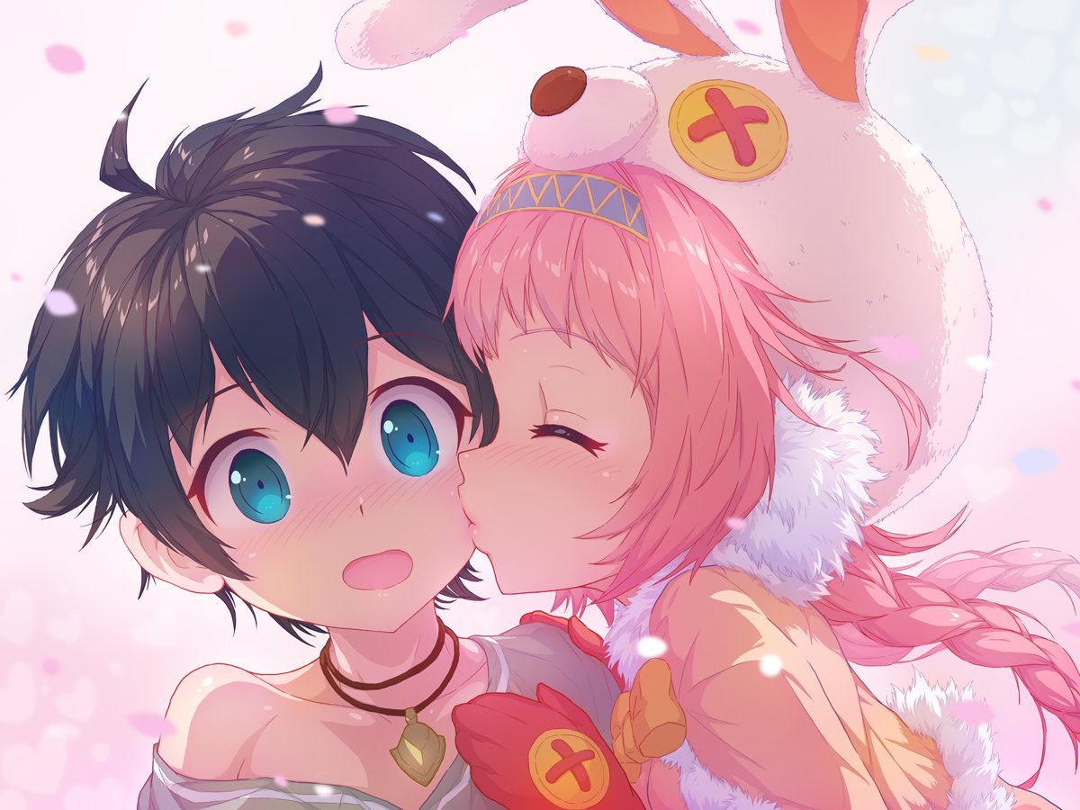 1boy 1girl akane_mimi animal_hat black_hair blue_eyes blush braid buttons cheek_kiss closed_eyes collarbone commentary_request earmuffs gakuencho gloves hat headbamd jewelry kiss long_hair necklace open_mouth petals pink_hair portrait princess_connect! princess_connect!_re:dive simple_background surprised twin_braids white_background