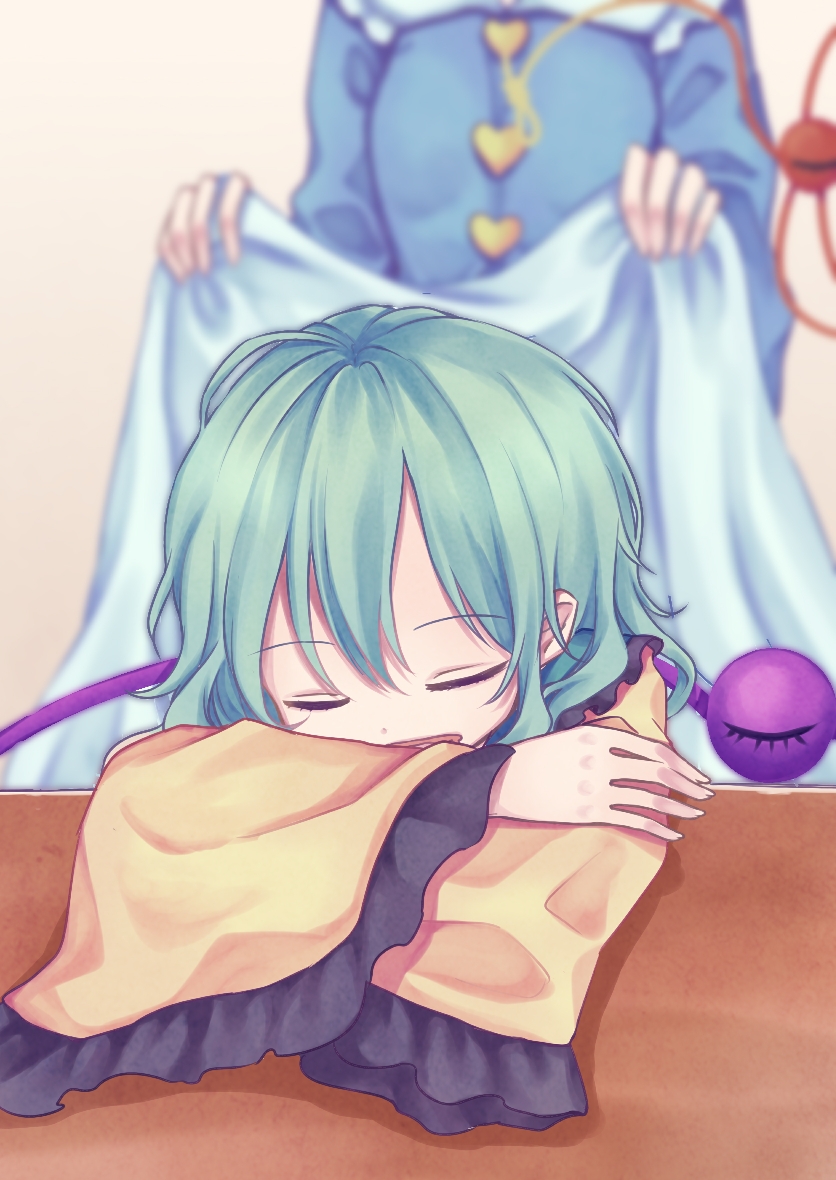 2girls blouse blue_blouse closed_eyes commentary_request frilled_blouse frilled_sleeves frills green_hair heart-shaped_buttons indoors komeiji_koishi komeiji_satori long_sleeves medium_hair multiple_girls on_table rnkgmn siblings sisters sleeping sleeping_upright solo_focus table third_eye touhou wide_sleeves yellow_blouse