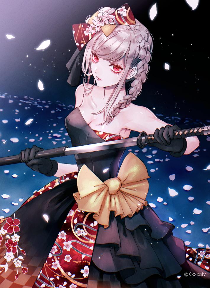 1girl @ alternate_costume artist_name bare_arms bare_shoulders black_dress black_gloves braid breasts cleavage collarbone commentary_request dangan_ronpa dark_background dress eyebrows_visible_through_hair falling_leaves flower gloves hair_flower hair_ornament hair_ribbon holding holding_sword holding_weapon leaf long_dress long_hair looking_at_viewer pekoyama_peko red_eyes ribbon sakuyu silver_hair sleeveless sleeveless_dress solo strapless strapless_dress super_dangan_ronpa_2 sword weapon