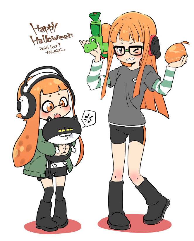 &gt;_o 2girls anger_vein animal animal_hug atlus balloon bike_shorts black-framed_eyewear black_footwear black_shorts blush boots brown_eyes burst_bomb_(splatoon) cat cosplay costume_switch dated domino_mask fang glasses green_jacket grey_shirt halloween hands_up happy_halloween headphones holding inkling inkling_(cosplay) jacket jajji-kun_(splatoon) kanya_pyi knee_boots long_hair long_sleeves look-alike mask megami_tensei multiple_girls nintendo nintendo_ead one_eye_closed open_clothes open_jacket open_mouth orange_eyes orange_hair over-kneehighs persona persona_5 pigeon-toed sakura_futaba sakura_futaba_(cosplay) shirt short_over_long_sleeves short_shorts short_sleeves shorts sidelocks simple_background sora_(company) splatoon splatoon_(series) splatoon_1 splattershot_(splatoon) spoken_anger_vein super_smash_bros. tentacle_hair thigh-highs trait_connection very_long_hair water_balloon white_background