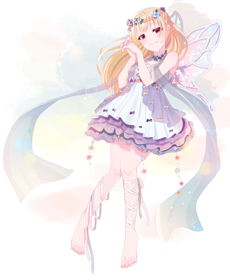 1girl bang_dream! bangs barefoot blonde_hair bubble dew_(dltmf2266) dress fairy_wings feet flower full_body half_updo hands_clasped head_wreath leg_ribbon long_hair looking_at_viewer own_hands_together red_eyes ribbon shawl shirasagi_chisato smile solo white_ribbon wings