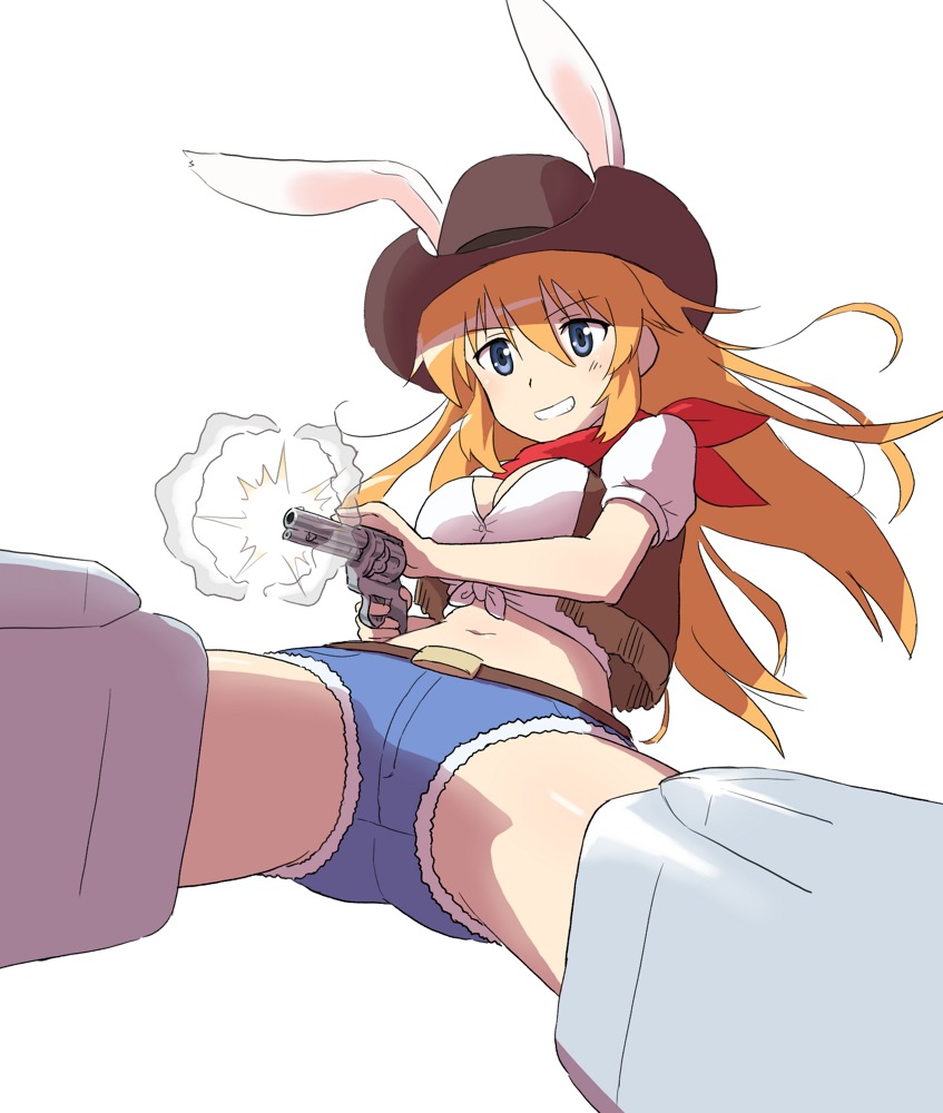 1girl animal_ears belt blue_eyes breasts brown_hat brown_vest charlotte_e_yeager cleavage denim denim_shorts drawfag firing gun handgun hat long_hair m1911 medium_breasts navel orange_hair pistol rabbit_ears red_bandana short_shorts shorts smile solo strike_witches vest weapon white_background world_witches_series