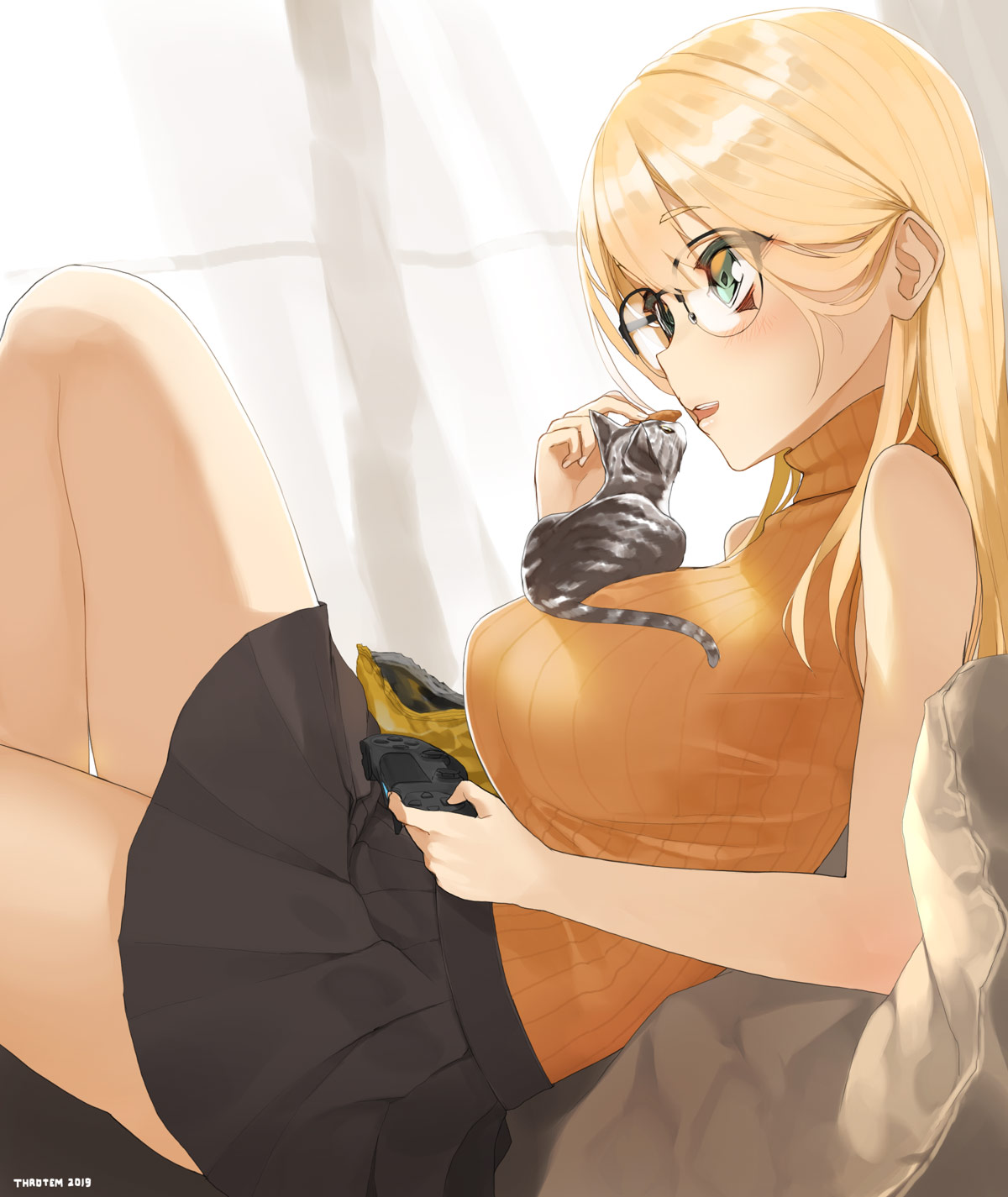 1girl aqua_eyes ass bare_shoulders blonde_hair blush cat chips controller curtains eating food game_controller gamepad glasses highres indoors long_hair miniskirt original parted_lips pleated_skirt skirt solo tail throtem turtleneck wind window