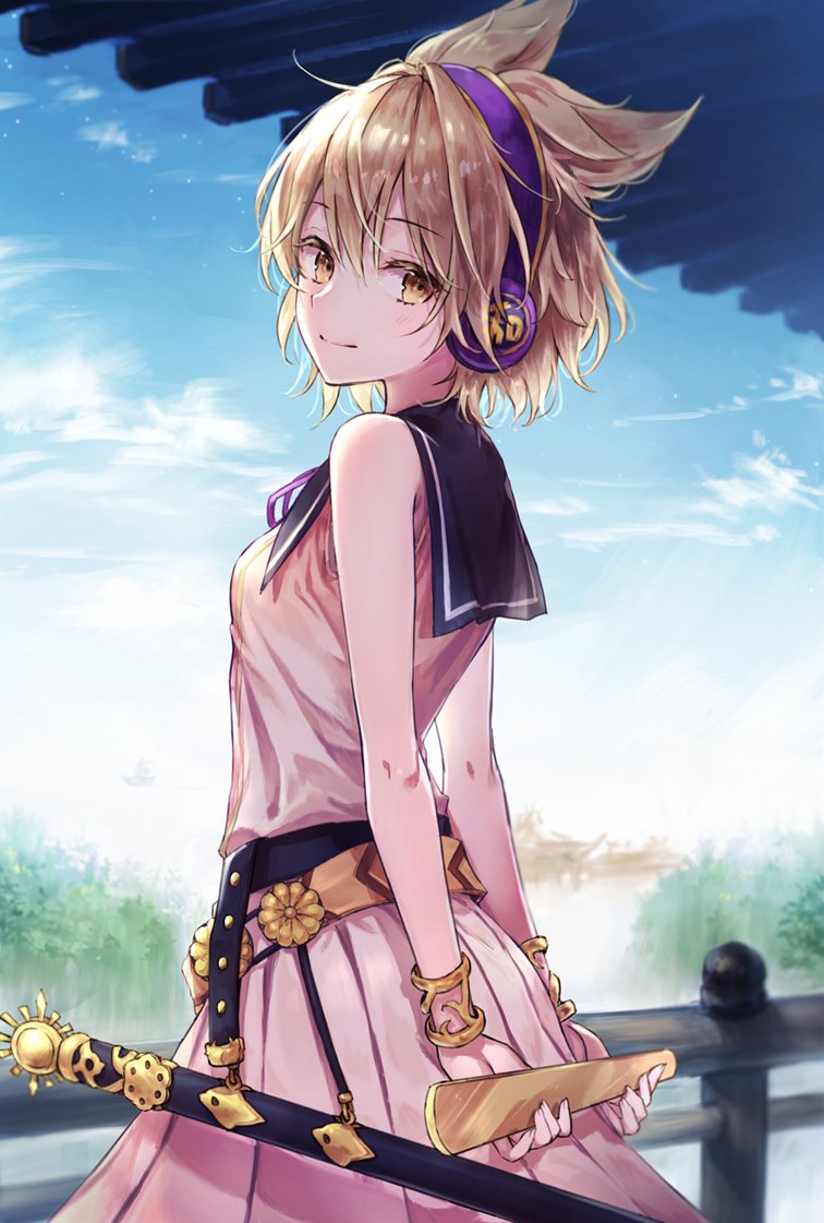 1girl akidzuki_haruhi arm_behind_back bangs bare_arms bare_shoulders belt black_belt black_sailor_collar blonde_hair blue_sky blush breasts clouds commentary_request cowboy_shot day dress earmuffs eyebrows_visible_through_hair hair_between_eyes holding looking_at_viewer outdoors pink_dress pleated_dress pointy_hair railing ritual_baton sailor_collar scabbard sheath short_hair sky small_breasts smile solo standing touhou toyosatomimi_no_miko yellow_eyes