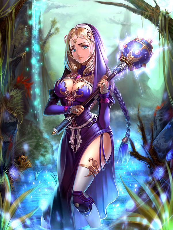 1girl bare_tree blonde_hair blue_eyes braid breasts bridal_gauntlets brooch cleavage copyright_request detached_collar gem holding holding_mace holding_weapon jewelry long_hair medium_breasts outdoors standing thigh-highs tree very_long_hair wading water weapon white_legwear xoxocia
