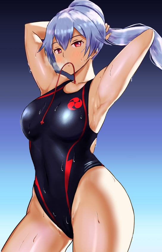 1girl adjusting_hair araimooah armpits arms_up black_swimsuit blush breasts commentary_request competition_swimsuit eyebrows_visible_through_hair fate/grand_order fate_(series) gradient gradient_background hair_between_eyes highleg highleg_swimsuit large_breasts long_hair looking_at_viewer mitsudomoe_(shape) mouth_hold one-piece_swimsuit ponytail red_eyes revision silver_hair solo standing swimsuit tomoe_(symbol) tomoe_gozen_(fate/grand_order) tying_hair wet