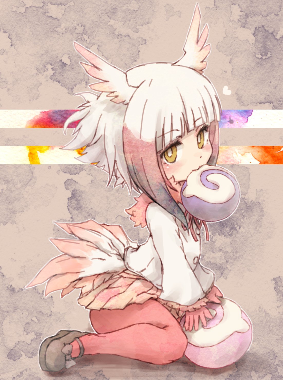 1girl bangs bird_tail bird_wings black_hair blush commentary_request eyebrows_visible_through_hair food frilled_sleeves frills fur_collar gloves head_wings highres japanese_crested_ibis_(kemono_friends) japari_bun japari_symbol kemono_friends kolshica long_sleeves multicolored_hair neck_ribbon pantyhose penny_loafers pleated_skirt red_gloves red_legwear redhead ribbon short_hair sidelocks sitting skirt solo wariza white_hair wings yellow_eyes